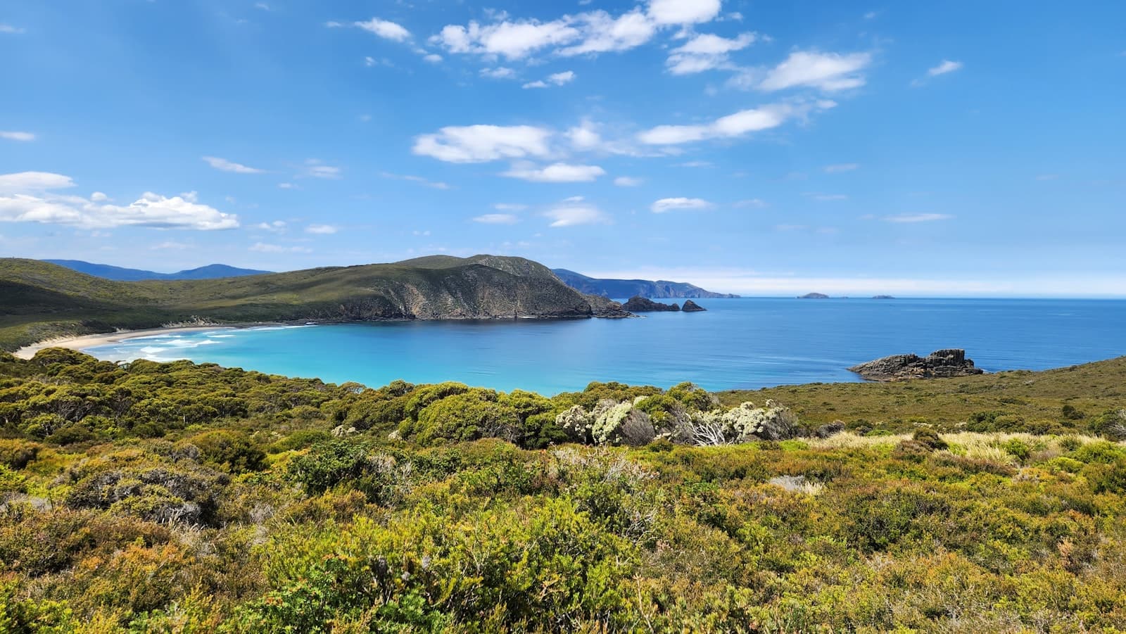 An empty turquoise bay ringed by coastal heath in southern Tasmania