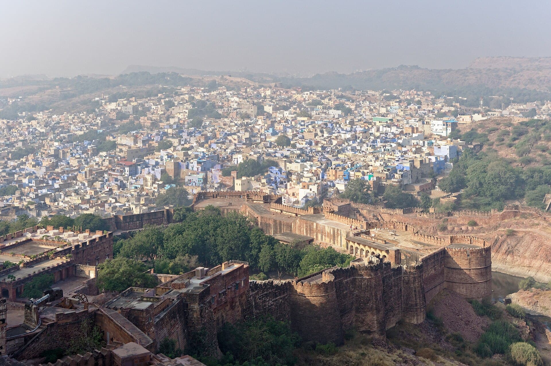 Jodhpur's blue city spread below Mehrangarh Fort's ramparts