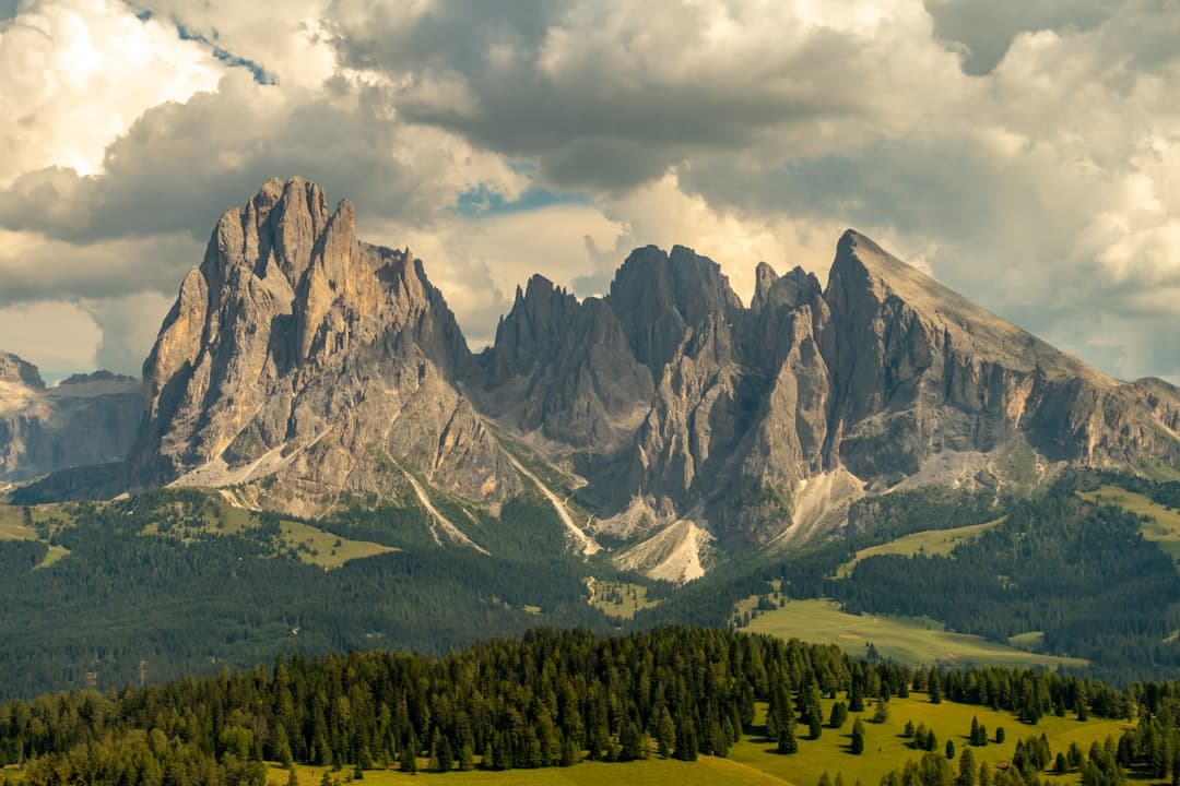 The Sassolungo group rising above the meadows of Alpe di Siusi