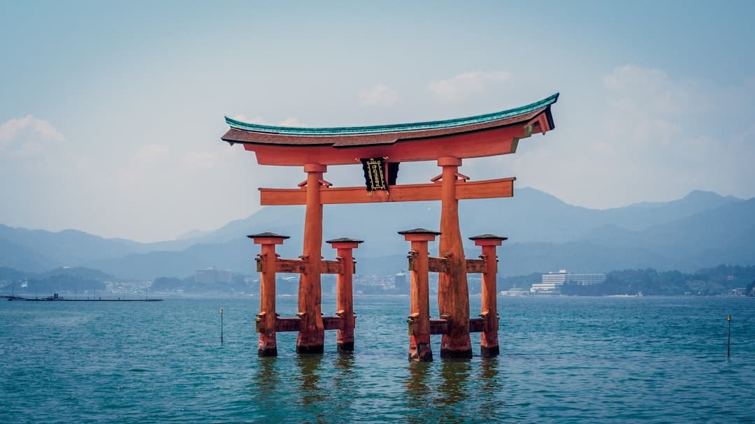 Itsukushima's great torii standing in the Inland Sea off Miyajima