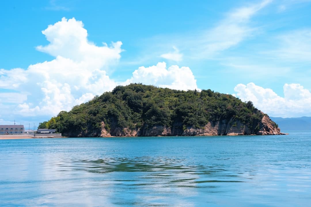 A small forested island rising from the turquoise Seto Inland Sea