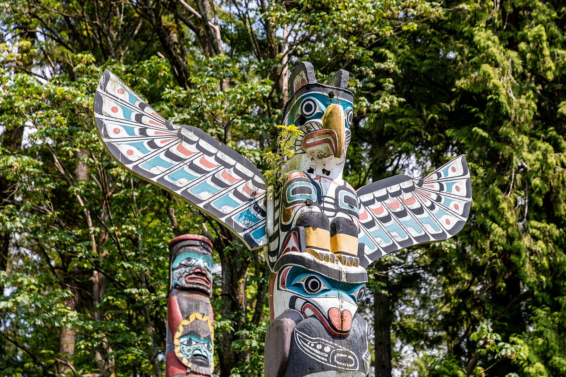 The carved wings of the Kakaso'las totem pole in Stanley Park