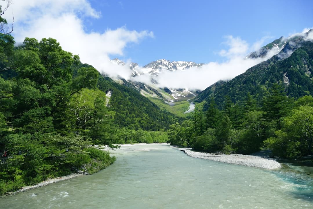 The Azusa River winding through Kamikōchi's valley toward alpine peaks