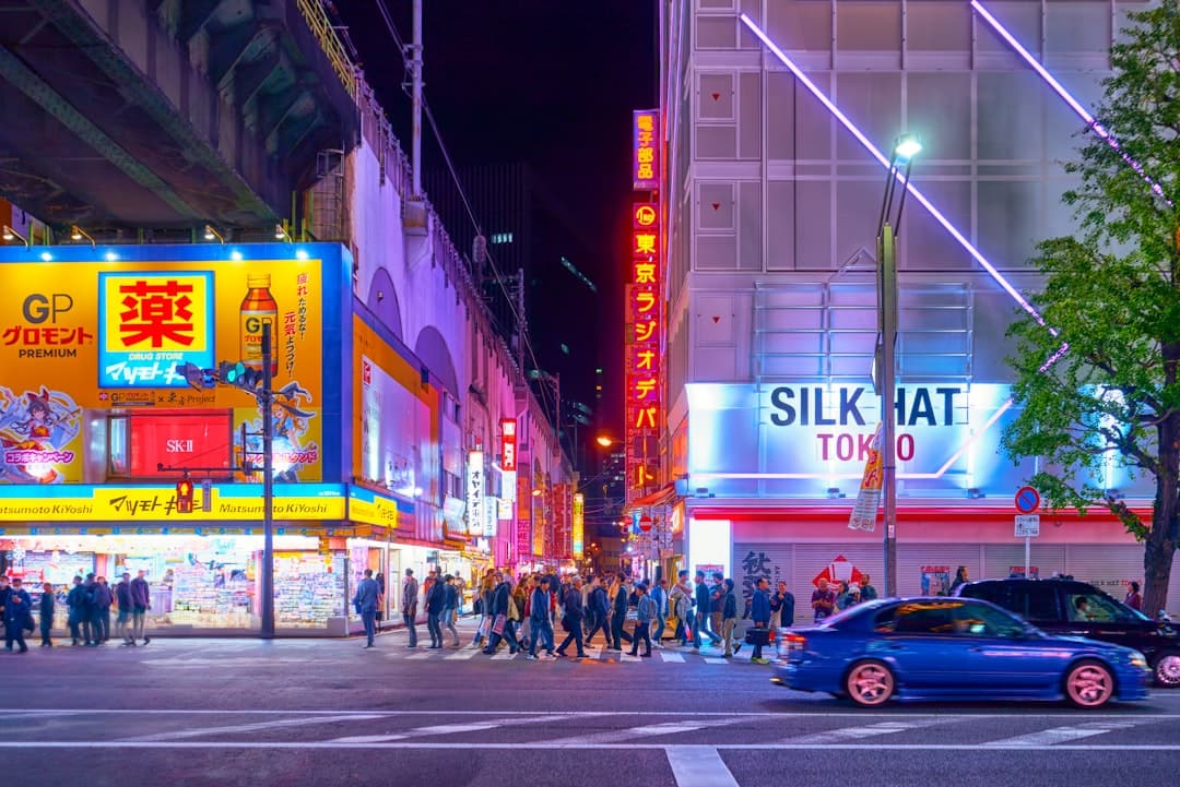 Neon-stacked electronics buildings in Akihabara, Tokyo