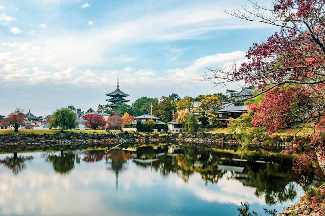A pagoda framed by autumn maple leaves