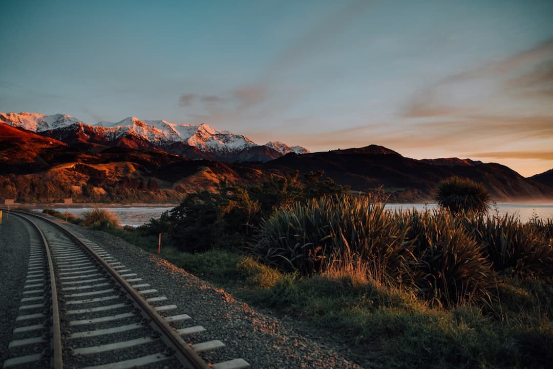 The coastal railway line curving along the Kaikōura shoreline at sunset