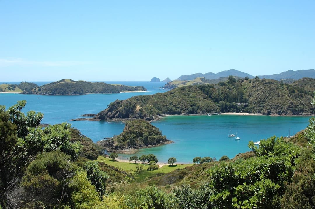 Turquoise coves and forested islands dotted with sailboats in the Bay of Islands
